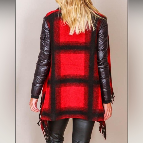 Sosken Red Plaid Wool & Down Fringe Jacket XS - Picture 3 of 5